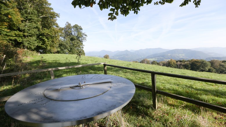 Panoramablick vom Bichlberg mit einer Metalltafel im Vordergrund und Bergen im Hintergrund.