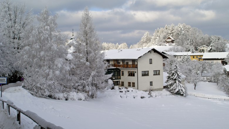 Winterlandschaft mit verschneitem Gasthof und B&auml;umen.