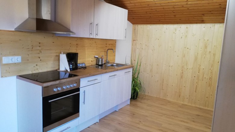 Moderne K&uuml;che in einem Dachgeschoss mit Holzverkleidung und Ger&auml;ten.