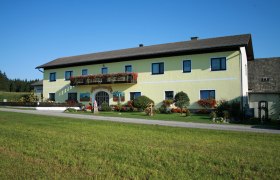 Ein gelbes Bauernhaus mit Blumen und grünem Rasen im Vordergrund.