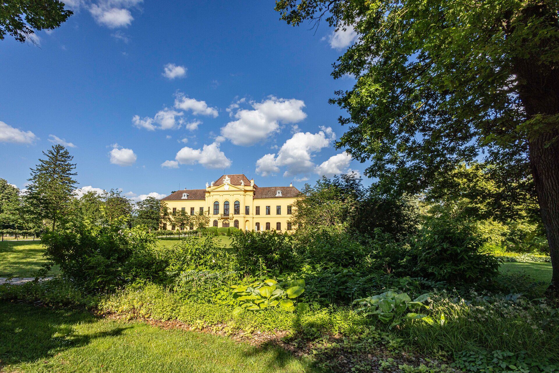 Umgeben von üppigem Grün und blühenden Pflanzen strahlt das Schloss eine majestätische Ruhe aus. Die sanften Hügel und der strahlend blaue Himmel schaffen eine perfekte Kulisse für entspannte Spaziergänge und unvergessliche Erlebnisse in der Natur.