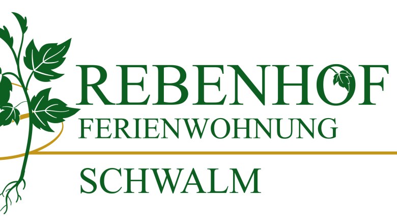 Logo des Rebenhofs mit grünen Blättern und Schriftzug 'Rebenhof Ferienwohnung Schwalm'.