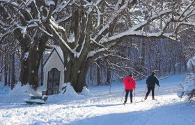 Zwei Skilangl&auml;ufer auf einer verschneiten Loipe neben einer Kapelle und gro&szlig;en B&auml;umen.