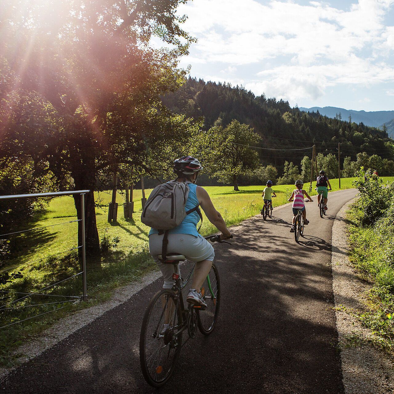 Eine Familie genießt einen sonnigen Tag auf dem Ybbstalradweg, umgeben von üppigem Grün und majestätischen Bergen. Die frische Luft und die sanften Hügel laden zu unvergesslichen Fahrradtouren ein, während die Kinder fröhlich lachen und die Natur erkunden.
