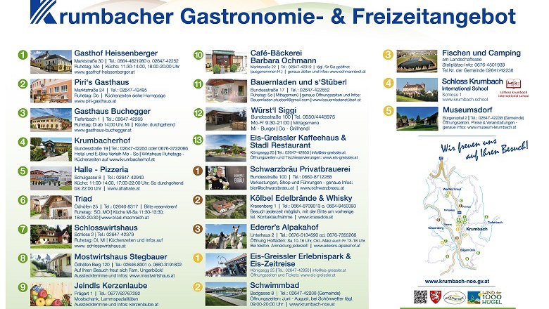 Informationsblatt &uuml;ber Gastronomie und Freizeitangebote in Krumbach mit Adressen und Bildern von Restaurants und Sehensw&uuml;rdigkeiten.