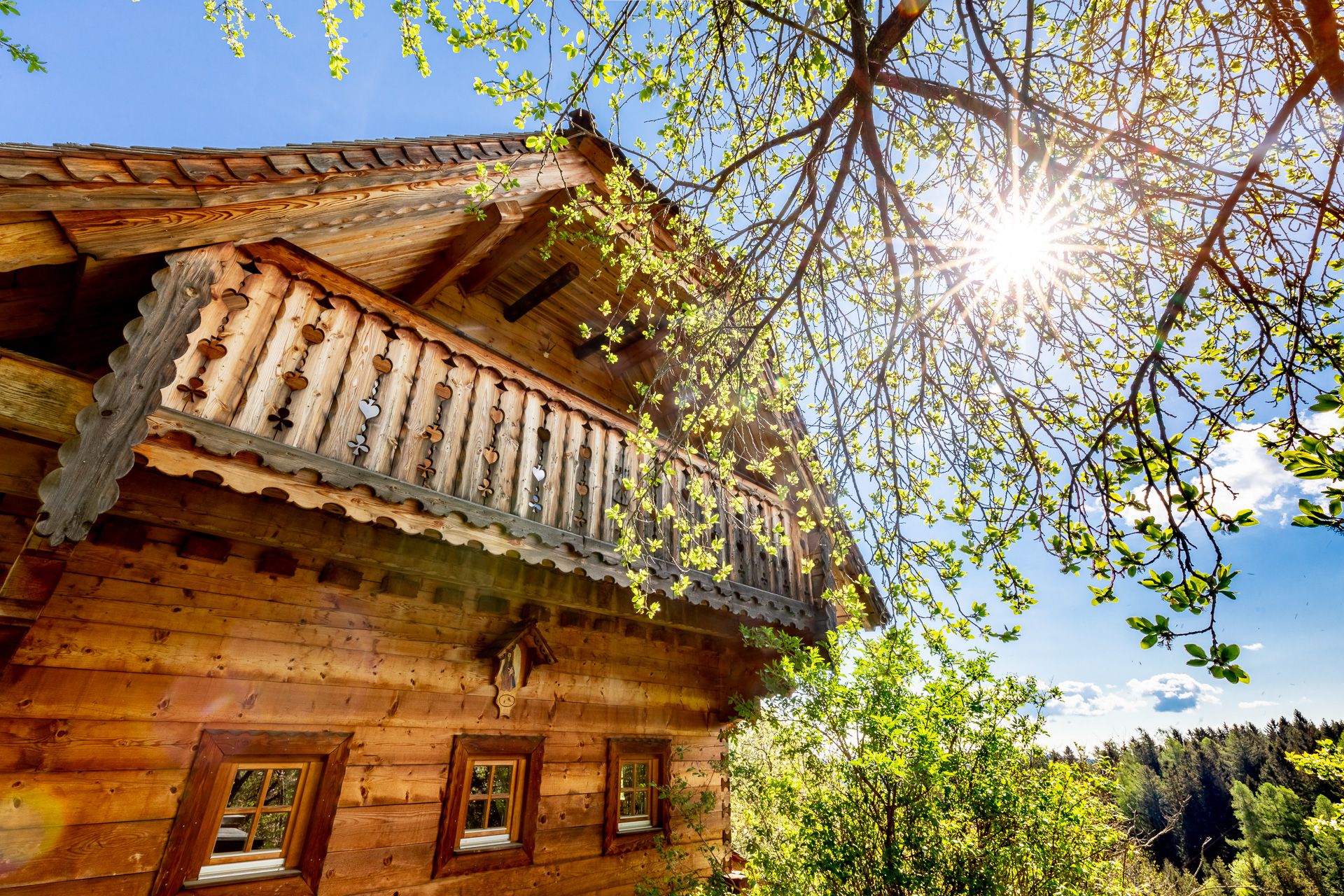 Traditionelles Holzhaus unter blauem Himmel, umgeben von Bäumen.