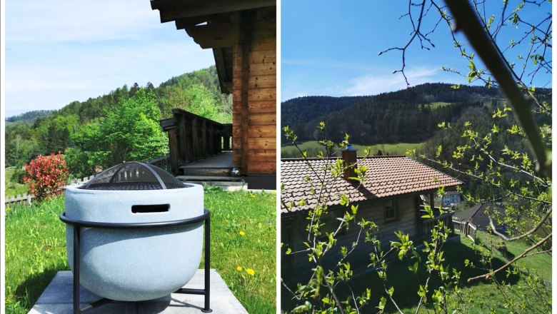 Zwei Bilder eines Gartens mit einem Holzhaus und einer Feuerschale.