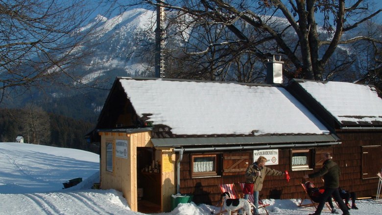 Winterliche Bergh&uuml;tte mit Menschen und Hund im Schnee.