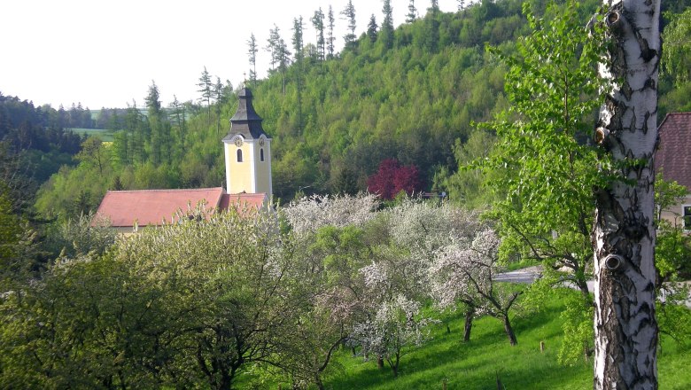 Landschaft mit Kirche, bl&uuml;henden B&auml;umen und gr&uuml;nem H&uuml;gel.