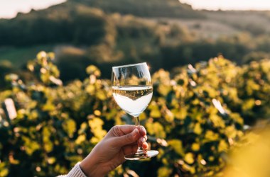 Frau hält ein Weinglas mit Wein mit hügeliger Landschaft im Hintergrund