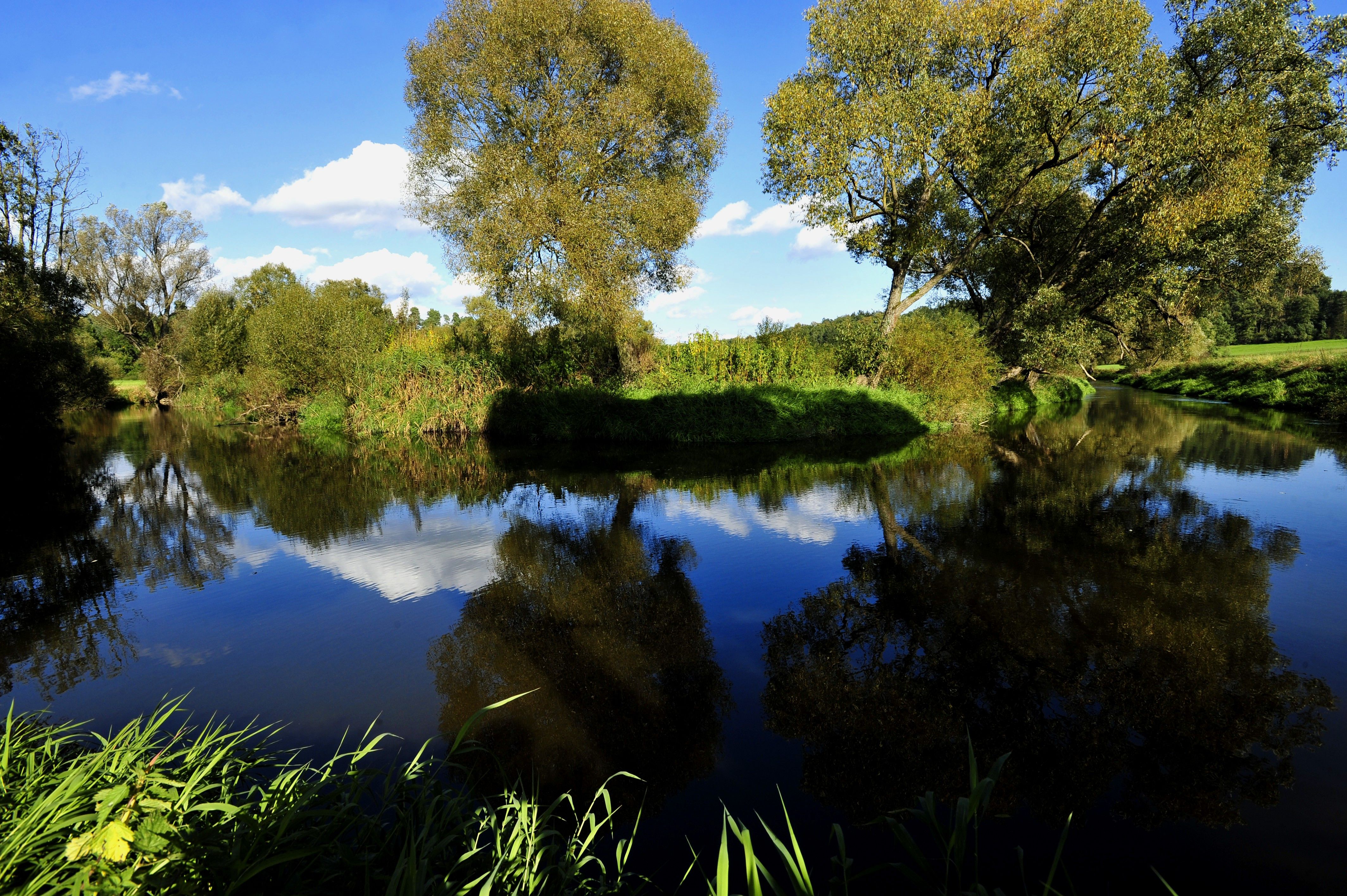 Ein ruhiger Fluss im Naturpark Dobersberg mit Bäumen und blauem Himmel im Hintergrund.