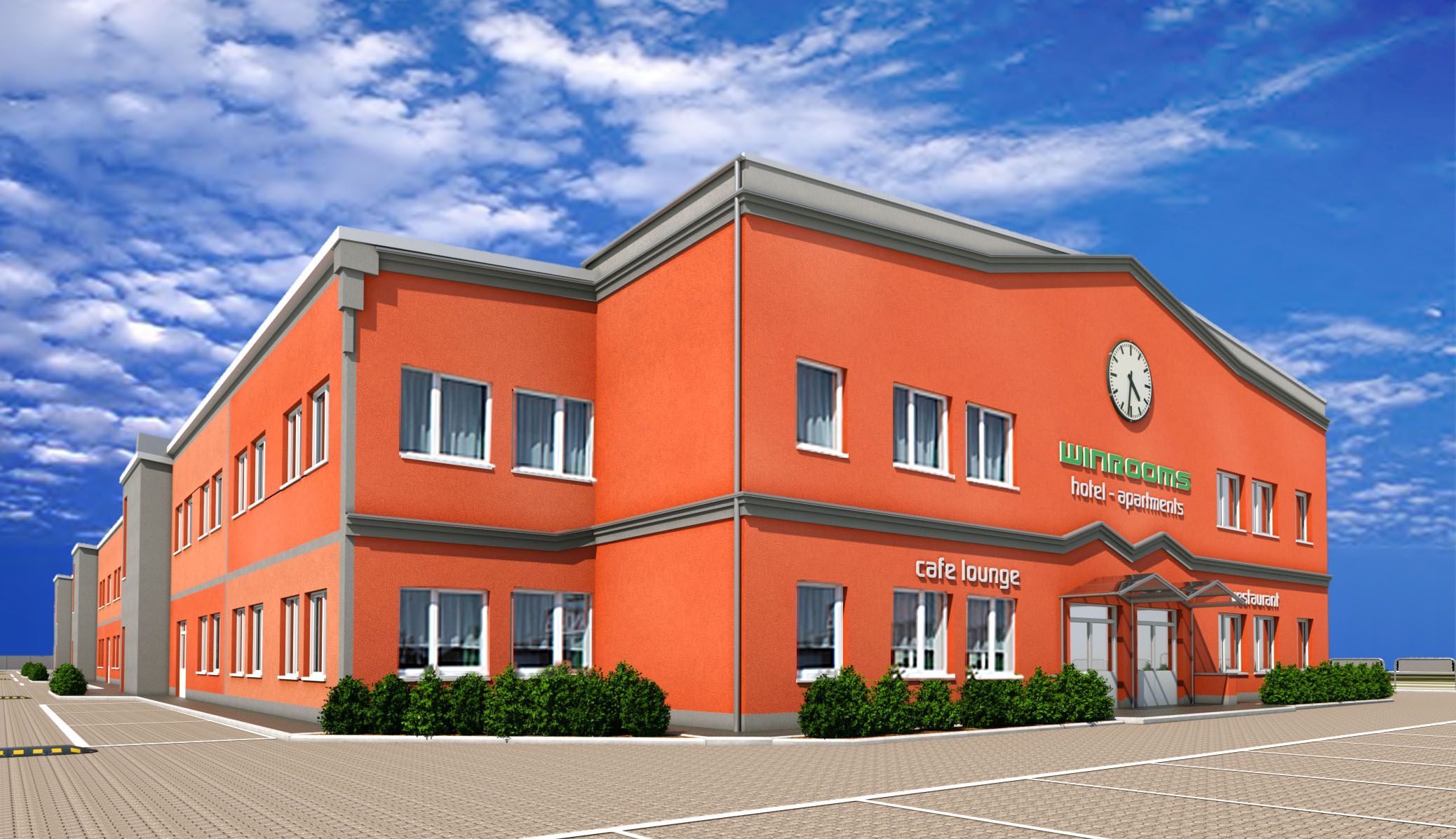 Außenansicht des Hotel Winrooms in Wiener Neustadt mit orangefarbener Fassade und Uhr.