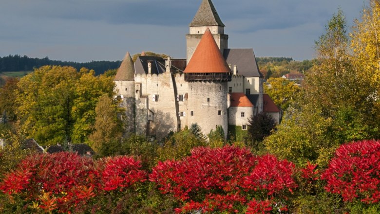 Burg Heidenreichstein im Herbst mit buntem Laub im Vordergrund.