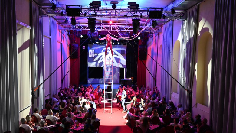 Ein Artist balanciert auf einer Leiter in einem vollbesetzten Theater mit bunter Beleuchtung.