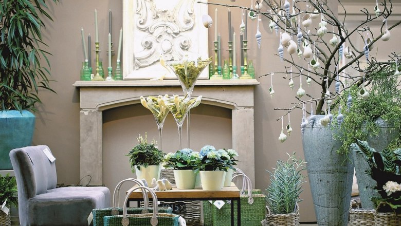 Elegante Inneneinrichtung mit Pflanzen, Vasen und Dekorationen.