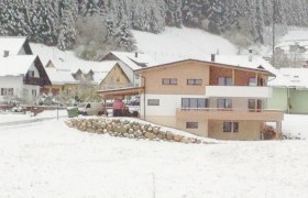 Modernes Haus im Schnee mit umliegenden Gebäuden und Wald im Hintergrund.