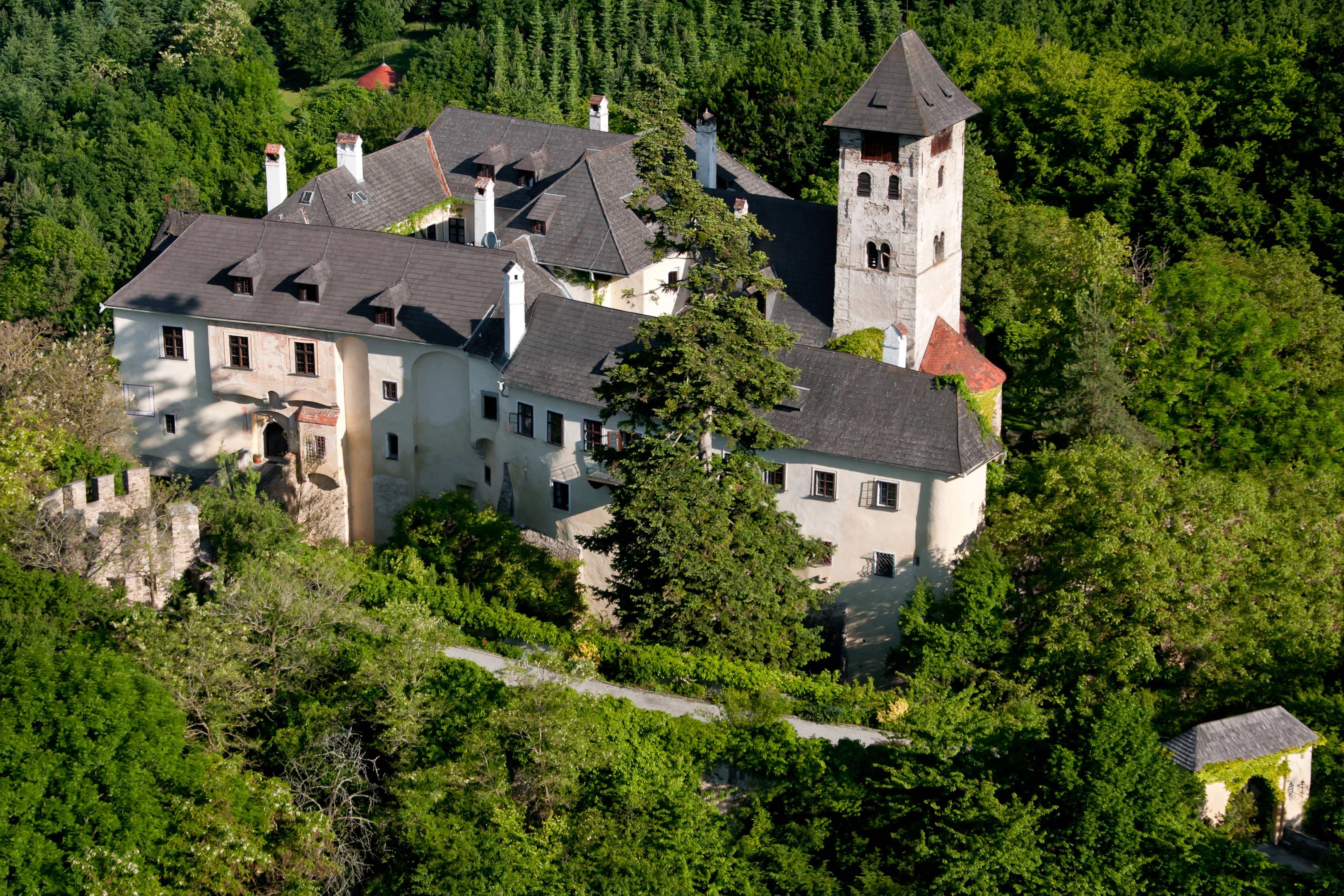 Luftaufnahme der Burg Oberranna, umgeben von dichtem Wald.