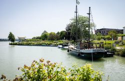 Regentag von Hundertwasser liegt am Hafen in Tulln, dahinter Donaulände und Donaubühne