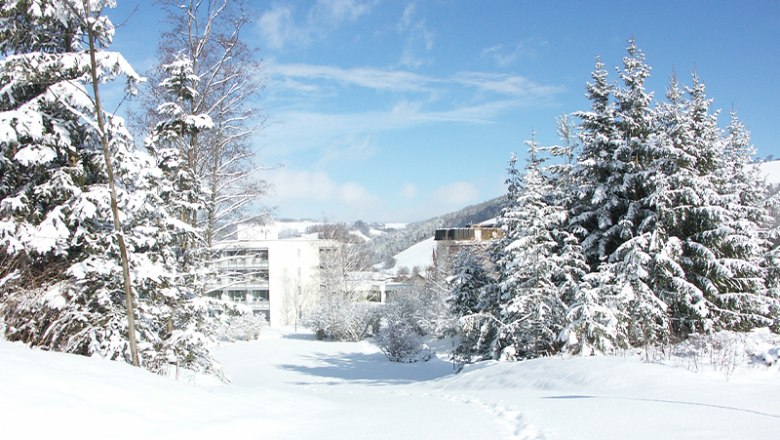 Verschneite Landschaft mit einem Geb&auml;ude im Hintergrund, umgeben von schneebedeckten B&auml;umen.