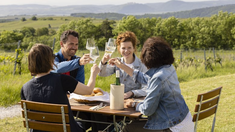 Vier Personen sto&szlig;en mit Weingl&auml;sern an einem Tisch im Freien an, im Hintergrund Weinberge.