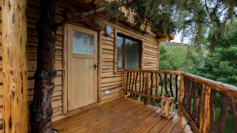Terrasse eines Baumhauses in Holz mit Eingangst&uuml;r