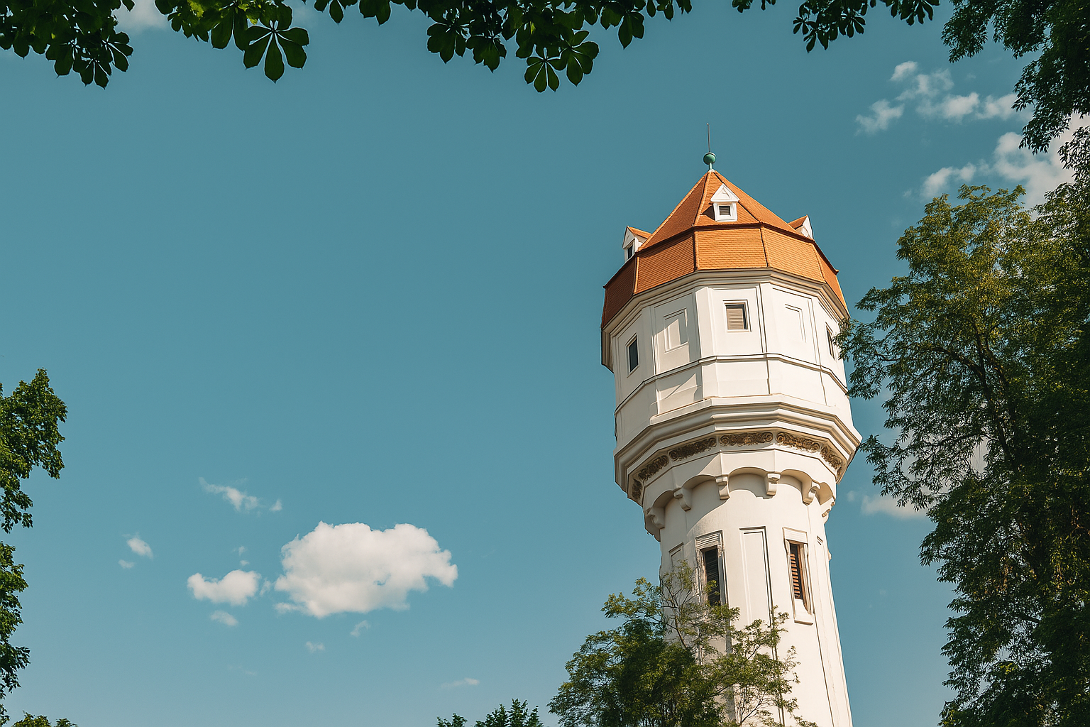 Das Wahrzeichen der Stadt, ein weißer Turm mit Wasserspeicher