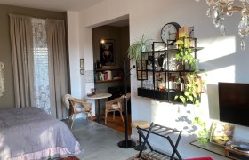 Gemütliches Wohnzimmer mit Bett, Regal, Pflanzen und Wanddekoration.