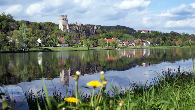 Burg Weitenegg und Dorf am Flussufer mit Spiegelung im Wasser.