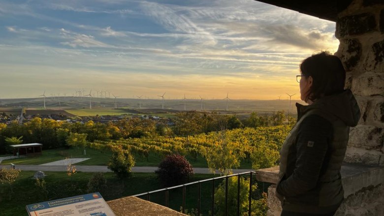 Person blickt von einer Aussichtswarte auf eine Landschaft mit Windr&auml;dern im Sonnenuntergang.