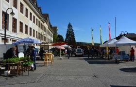 Ein Bio-Bauernmarkt auf einem Platz mit St&auml;nden, Menschen und einem gro&szlig;en Geb&auml;ude im Hintergrund.