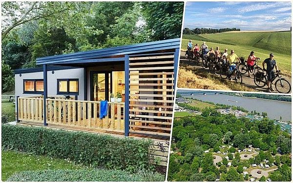 TDR-CollageMobilheim, © Campingplatz Tulln Mobilheim von außen stehend auf einer grünen Wiese mit Terrasse, Bildeinschnitt von Foto mit Radfahrern und Campingplatz von oben