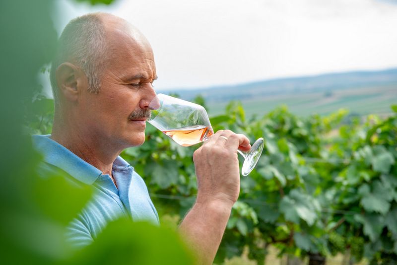 Mann riecht an einem Weinglas in einem Weinberg.