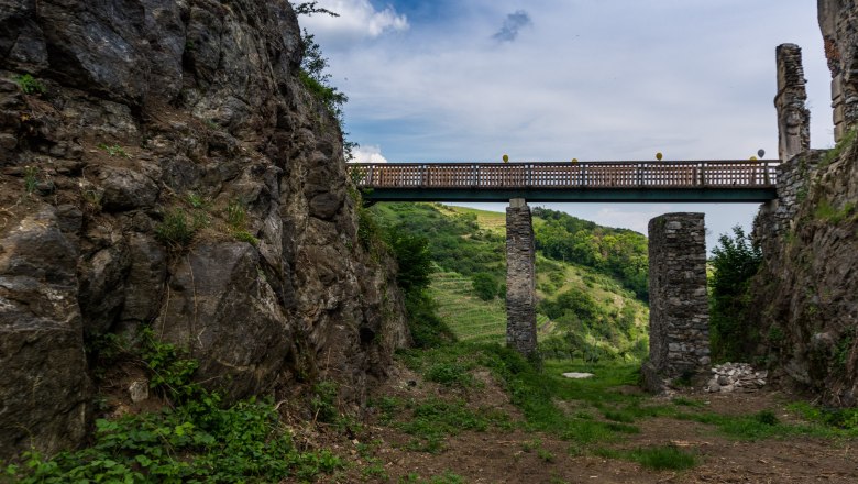 Ruinen der Burgruine Senftenberg mit Br&uuml;cke und gr&uuml;ner Landschaft im Hintergrund.