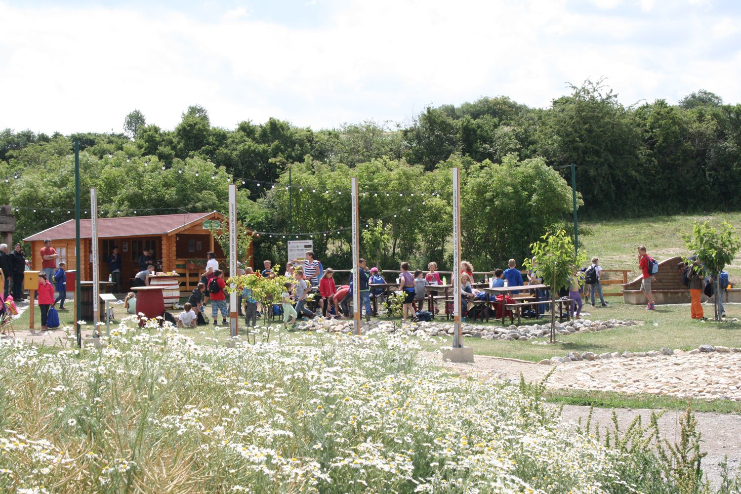 Menschen sitzen an Tischen im Freien, umgeben von Blumen und Bäumen.