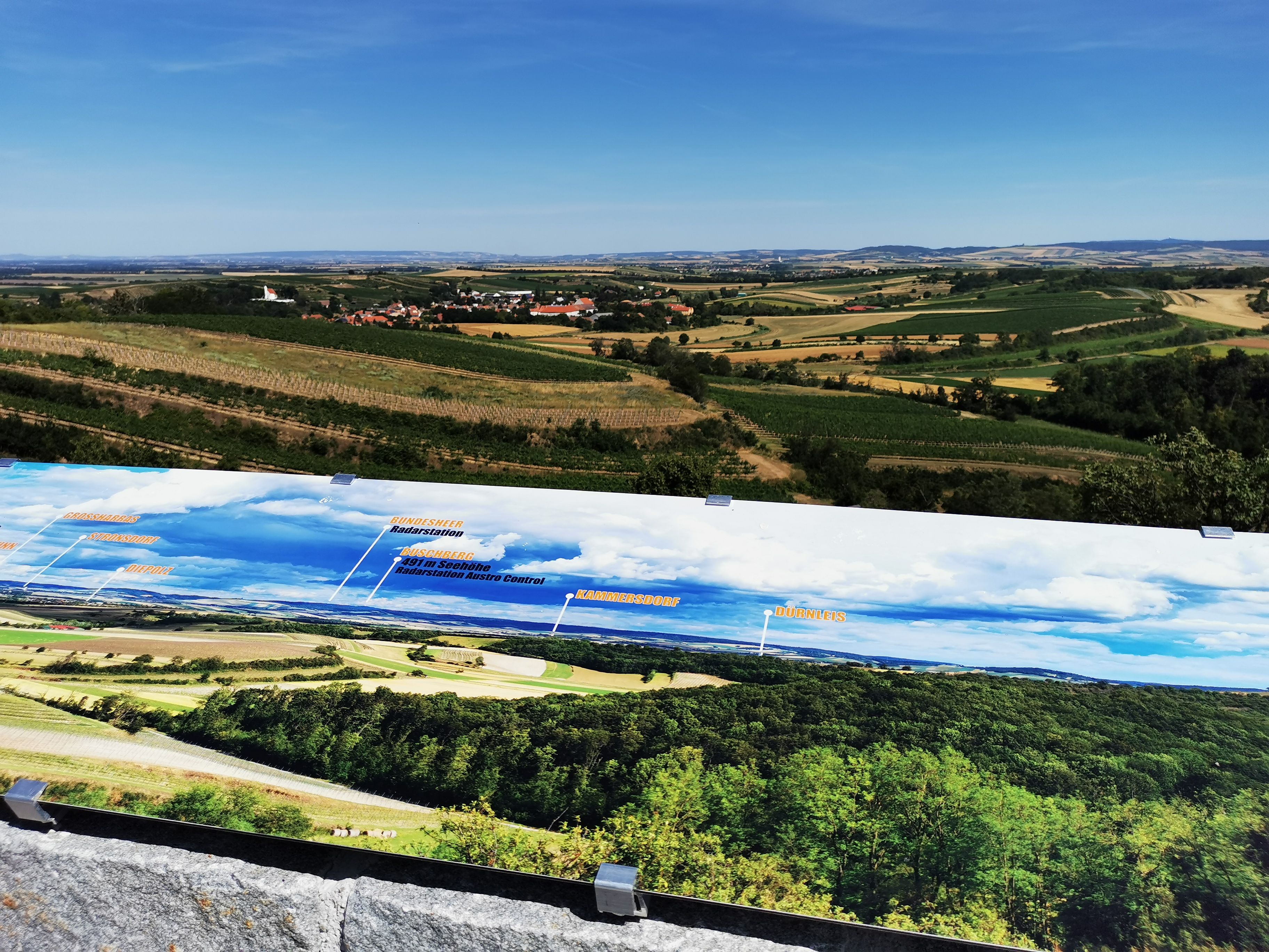 Panoramablick vom Aussichtspunkt Vösenau mit Landschaft und Infotafel.