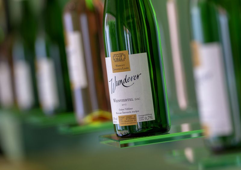 Nahaufnahme einer Weinflasche mit dem Etikett 'Wunderer Weinviertel dac'.