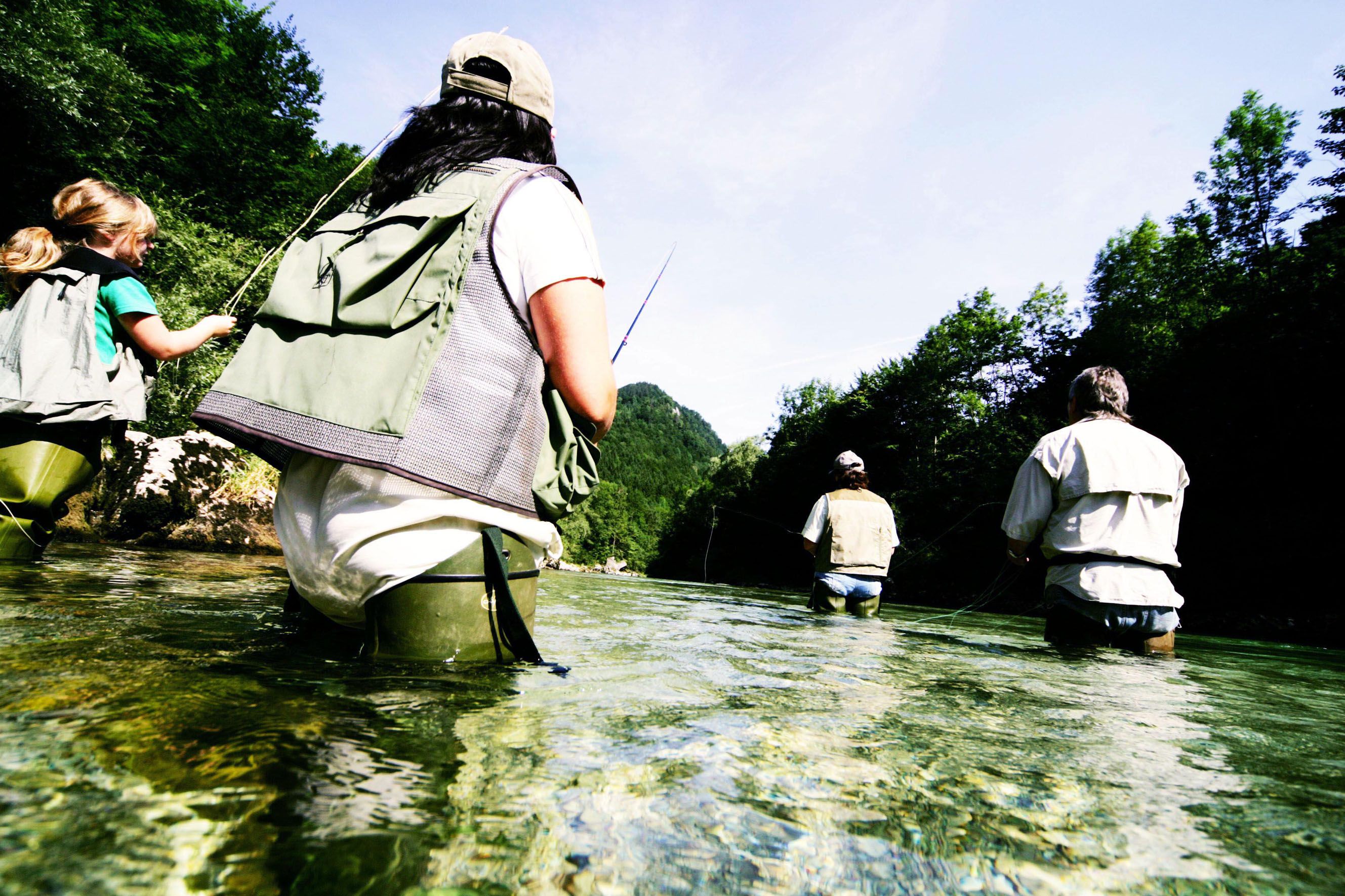 Vier Personen beim Fliegenfischen in einem klaren Fluss, umgeben von Wald.
