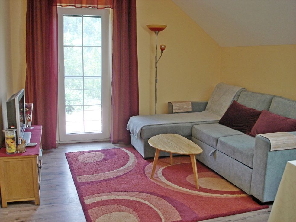 Wohnzimmer mit grauem Sofa, rotem Teppich und Glastür.