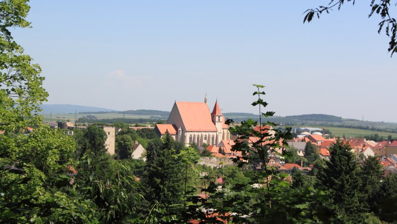 Panoramablick auf Eggenburg mit Kirche und umliegenden Gebäuden, umgeben von Bäumen und Hügeln im Hintergrund.