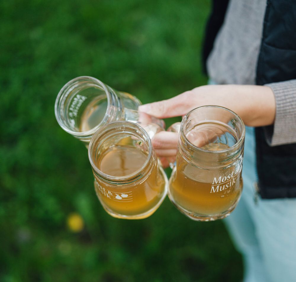 Inmitten der grünen Wiesen erheben sich drei Gläser mit goldenem Most, die auf eine gesellige Runde anstoßen. Die frische Luft und die idyllische Umgebung laden dazu ein, die köstlichen Aromen der Region zu genießen und unvergessliche Momente mit Freunden zu teilen.