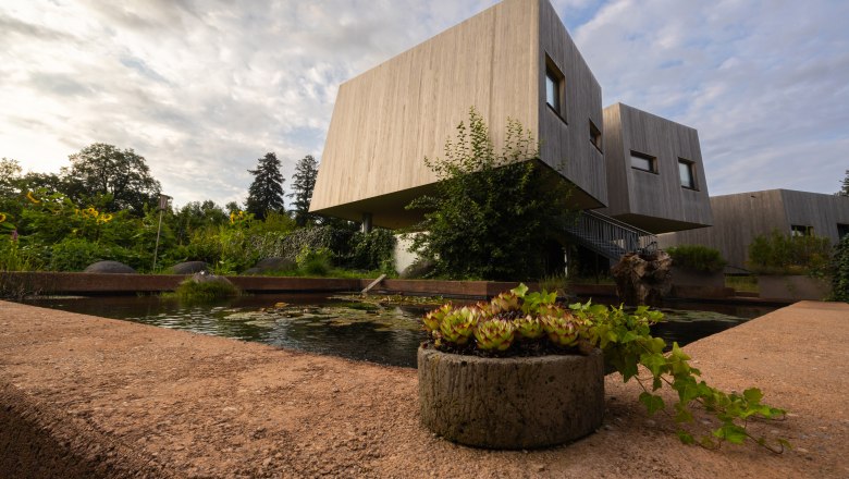 Naturhotel Gut Guntrams Gartenlofts, © Niederösterreich Werbung / Maximilian Pawlikowsky Moderne Gartenlofts aus Holz mit Teich und Pflanzen im Vordergrund.