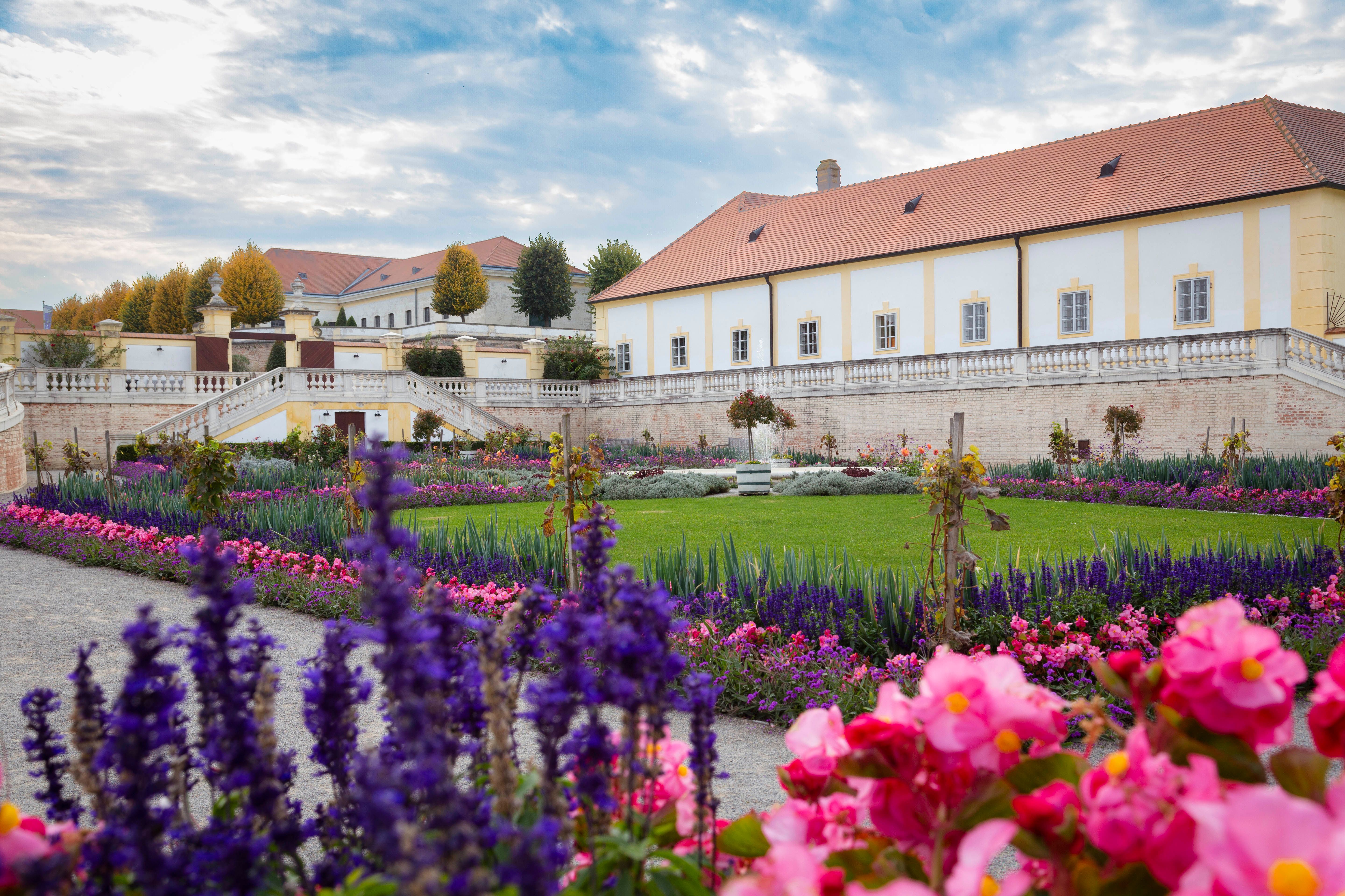 Blumenbeet mit Schloss Hof im Hintergrund