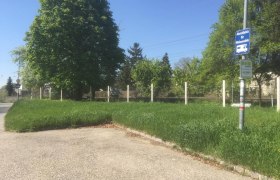 Wohnmobilstellplatz mit Schild, umgeben von B&auml;umen und Gras.