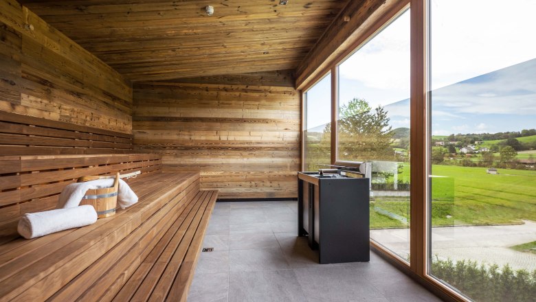 Innenansicht einer Sauna mit Holzw&auml;nden und -b&auml;nken, gro&szlig;em Fenster mit Blick auf gr&uuml;ne Landschaft.