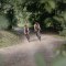 Zwei Radfahrer auf einem Waldweg in einer gr&uuml;nen Umgebung.