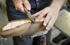 Person bearbeitet Schuh mit Zange auf einem Leisten.