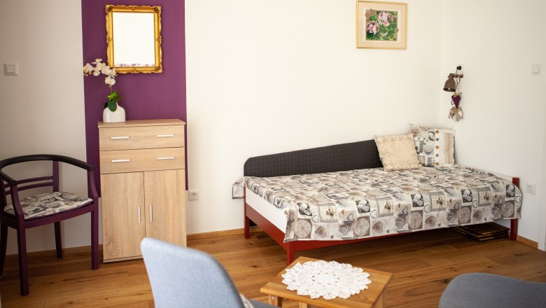 Ein Wohnzimmer mit einer Schlafcouch, einem kleinen Schrank, einem Stuhl und einem Tisch auf Holzboden.