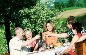 Gruppe von Menschen stößt an einem Tisch im Freien an.