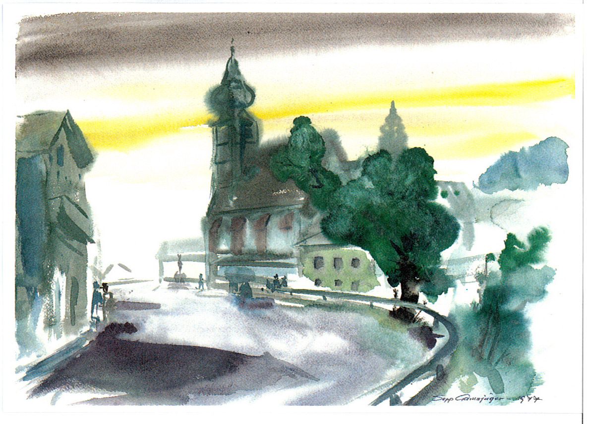 Aquarell einer Stadtansicht mit Kirche und Bäumen.