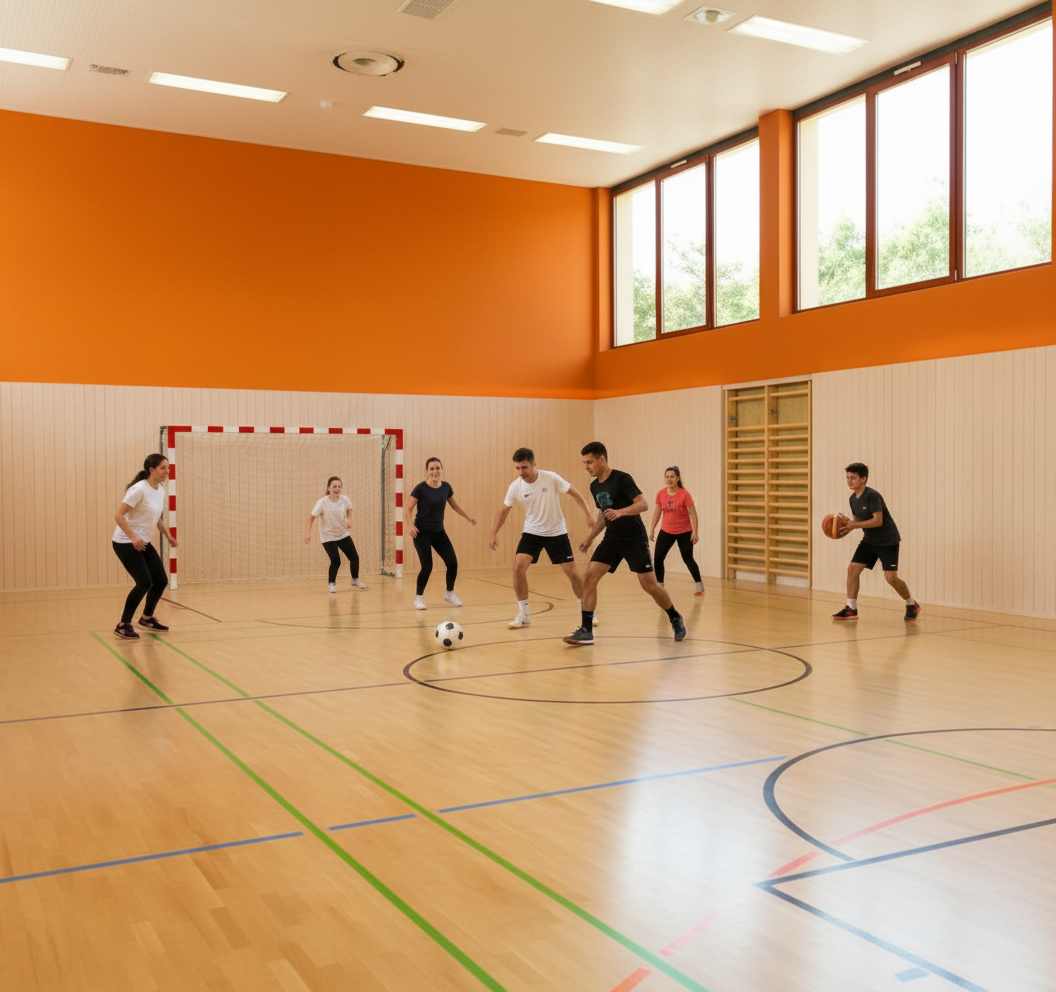 Personen spielen in einer Turnhalle Fußball und Basketball.